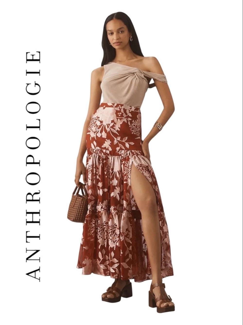 Anthropologie Hutch Floral Tiered Maxi Skirt In Rust and White Size Medium NWT